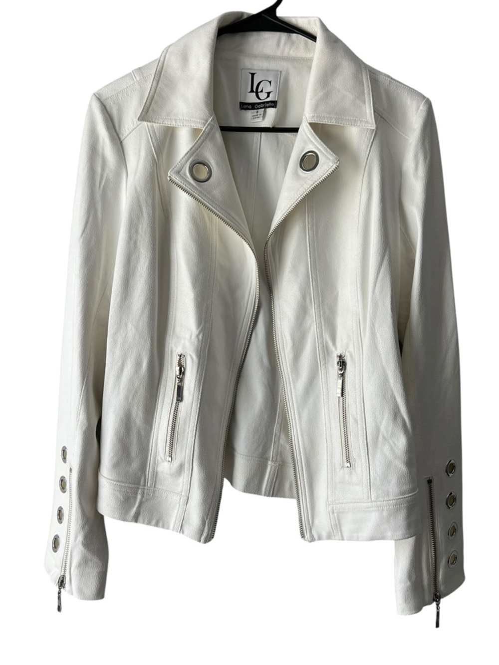 Lena Gabrielle Moto Jacket Women’s Size 8 White Faux Leather Zip Biker Style